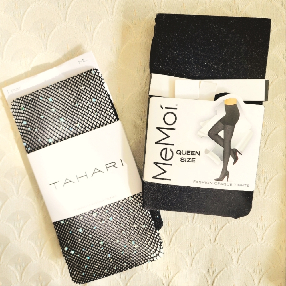 Memoi 2 Pair of black Opaque Tights & 1 Pair of Tahari fishnet with sparkles.